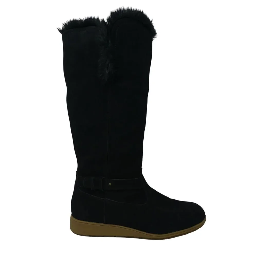 Lands End Black Suede Faux Fur Lined Wedge Heel Tall Winter Boots Womens 10